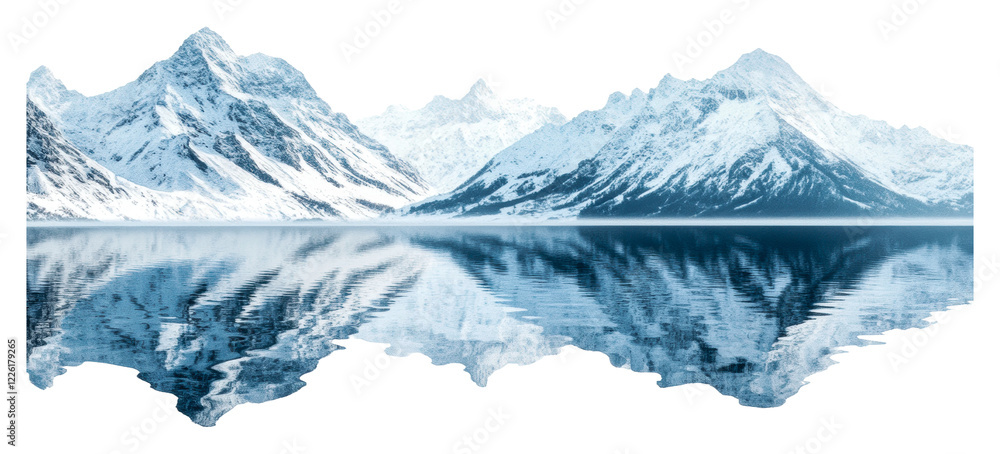 Fototapeta premium Snow-covered mountain peaks reflect in calm lake isolated on transparent background