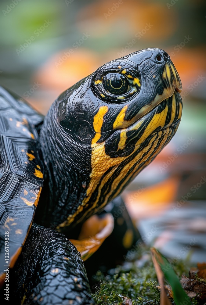 Obraz premium Close-up of a Colorful Turtle with Striking Yellow and Black Patterns on Shell Surrounded by a Beautiful Natural Background in Soft Focus