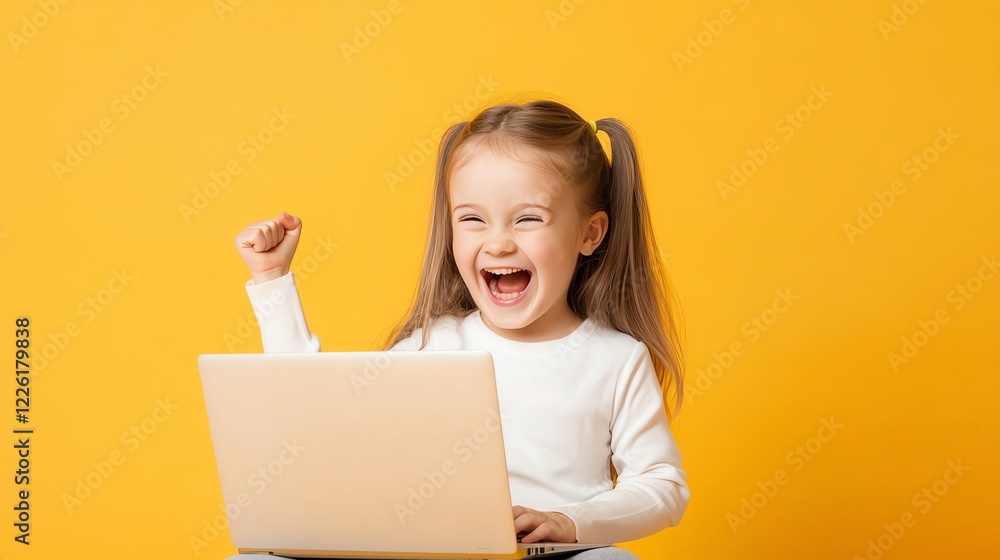 A cheerful young girl celebrates her success while using a laptop against a bright yellow background. Her joyful expression embodies happiness and excitement in learning. A cheerful young girl celebrates her success while using a laptop against a bright yellow background. Her joyful expression embodies happiness and excitement in learning.