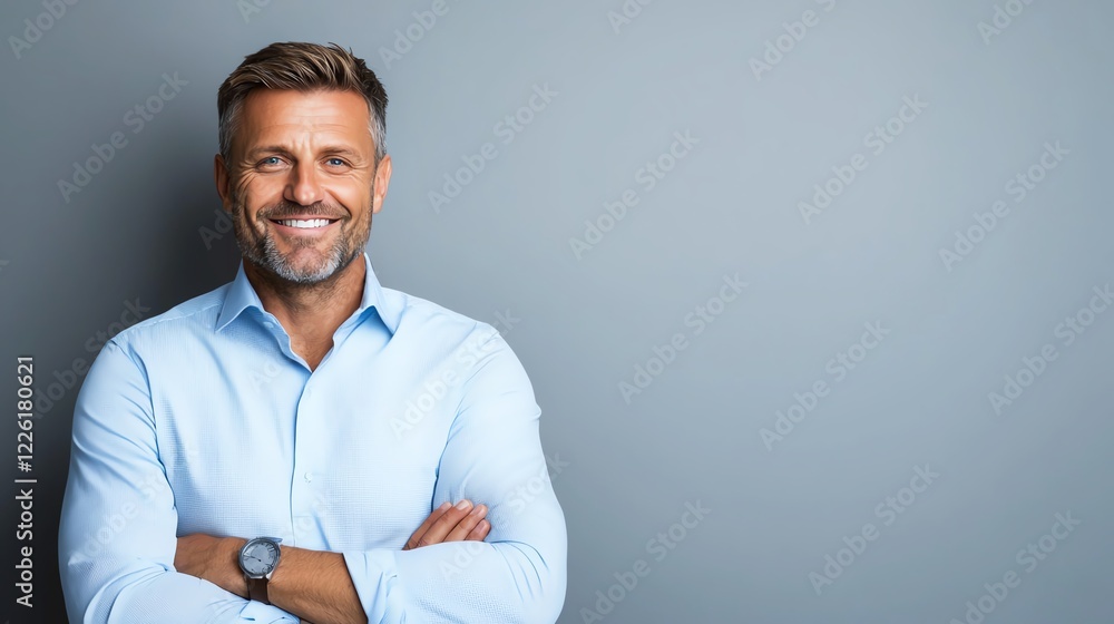 A confident and smiling man stands with his arms crossed against a neutral gray background. His casual attire and friendly demeanor convey approachability and charm. A confident and smiling man stands with his arms crossed against a neutral gray background. His casual attire and friendly demeanor convey approachability and charm.