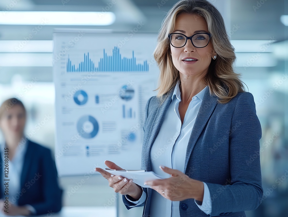 Fototapeta premium A confident businesswoman presents essential data and analytics to her team in a modern office setting, showcasing her leadership skills and professionalism.