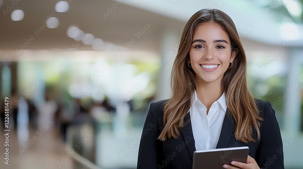 Fototapeta premium A confident woman in a professional setting, smiling and holding a tablet. The vibrant background suggests a dynamic workplace, representing modern business and leadership.