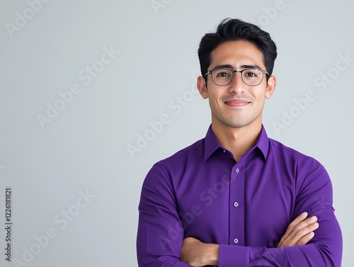 A confident young man with glasses wearing a purple shirt, posing with crossed arms in front of a neutral background, showcasing professionalism and approachability. photo