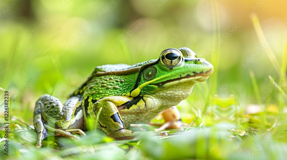 Green frog is sitting in grass and enjoying the sun Green frog is sitting in grass and enjoying the sun