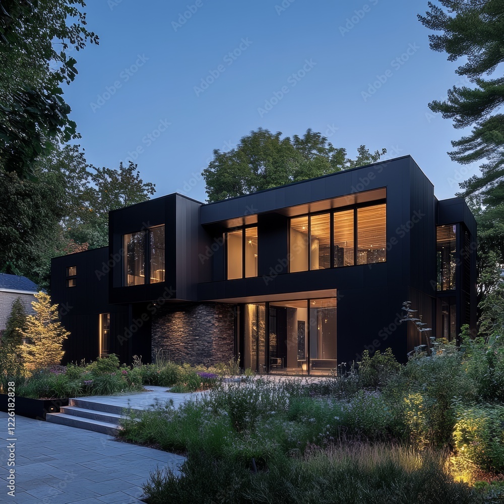 A contemporary black house stands with large glass windows, surrounded by lush greenery and a welcoming path, symbolizing modernity and tranquility in suburban living. A contemporary black house stands with large glass windows, surrounded by lush greenery and a welcoming path, symbolizing modernity and tranquility in suburban living.