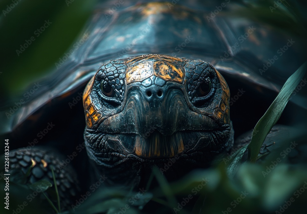 Obraz premium Close-up of a Tortoise Among Lush Green Foliage with Detailed Texture and Intricate Patterns on Its Shell in a Calm Natural Habitat
