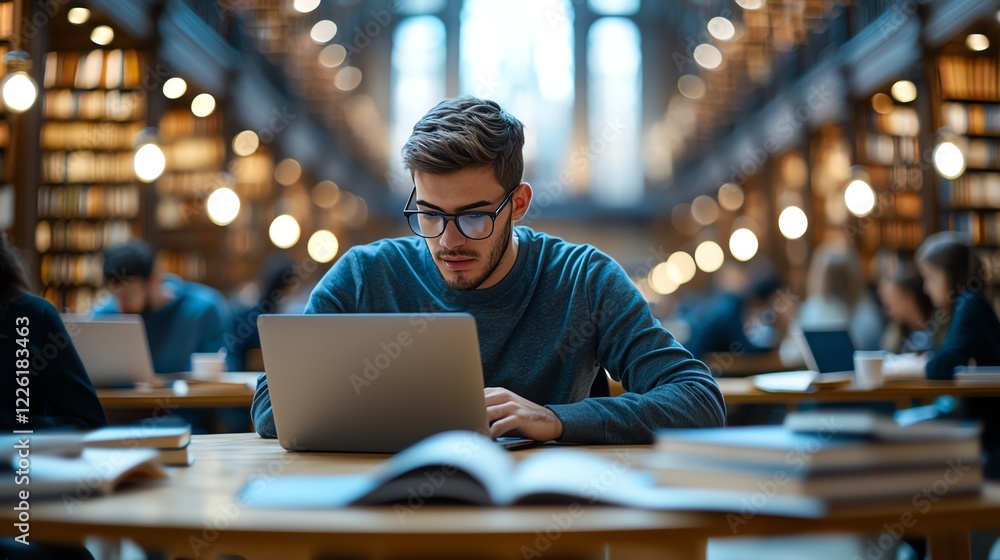 Obraz premium A focused young man studies intently at a library desk
