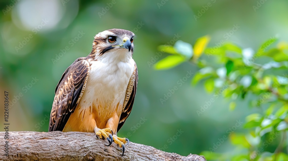 White-tailed hawk perched on branch, rainforest background, wildlife photography, nature imagery White-tailed hawk perched on branch, rainforest background, wildlife photography, nature imagery