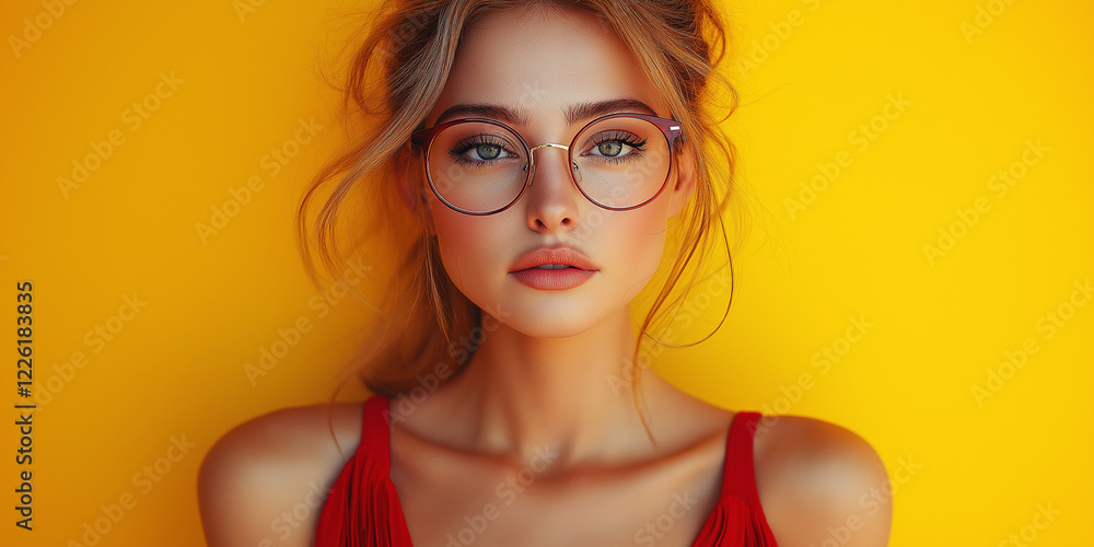 Portrait of a young woman with glasses against a bright yellow background fashion photography urban setting close-up view beauty concept Portrait of a young woman with glasses against a bright yellow background fashion photography urban setting close-up view beauty concept