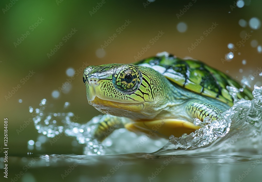 Close-Up of a Turtle Swimming Through Clear Water, Displaying Detailed Shell Patterns and Vibrant Colors, Capturing Motion and Nature's Beauty Close-Up of a Turtle Swimming Through Clear Water, Displaying Detailed Shell Patterns and Vibrant Colors, Capturing Motion and Nature's Beauty