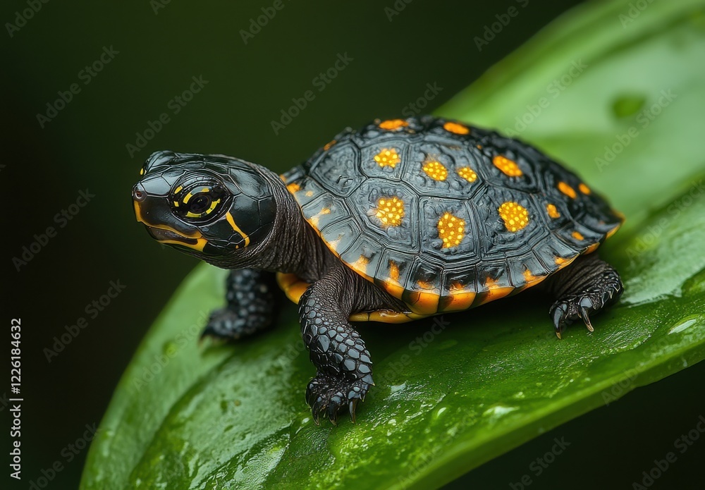 Close-up of a vibrant turtle resting on a green leaf with rain droplets showcasing intricate patterns and textures of reptilian skin and habitat. Close-up of a vibrant turtle resting on a green leaf with rain droplets showcasing intricate patterns and textures of reptilian skin and habitat.