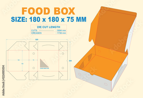 Food Box Renda 180 x 180 x 75 mm. Packaging Die Cut Template Design. 2d TD Real Shape & Dimension. 3d Box Mock Up. Prepared for production.