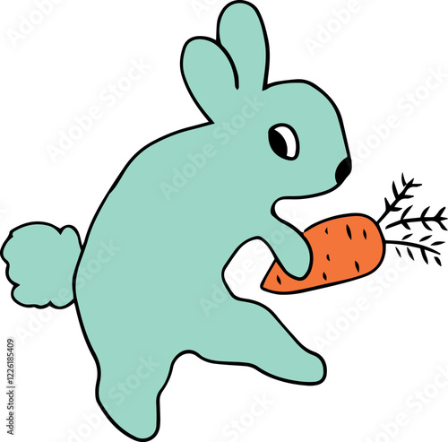 funny bunny with a fluffy tail looks back sneaks on his hind legs and holds an orange carrot