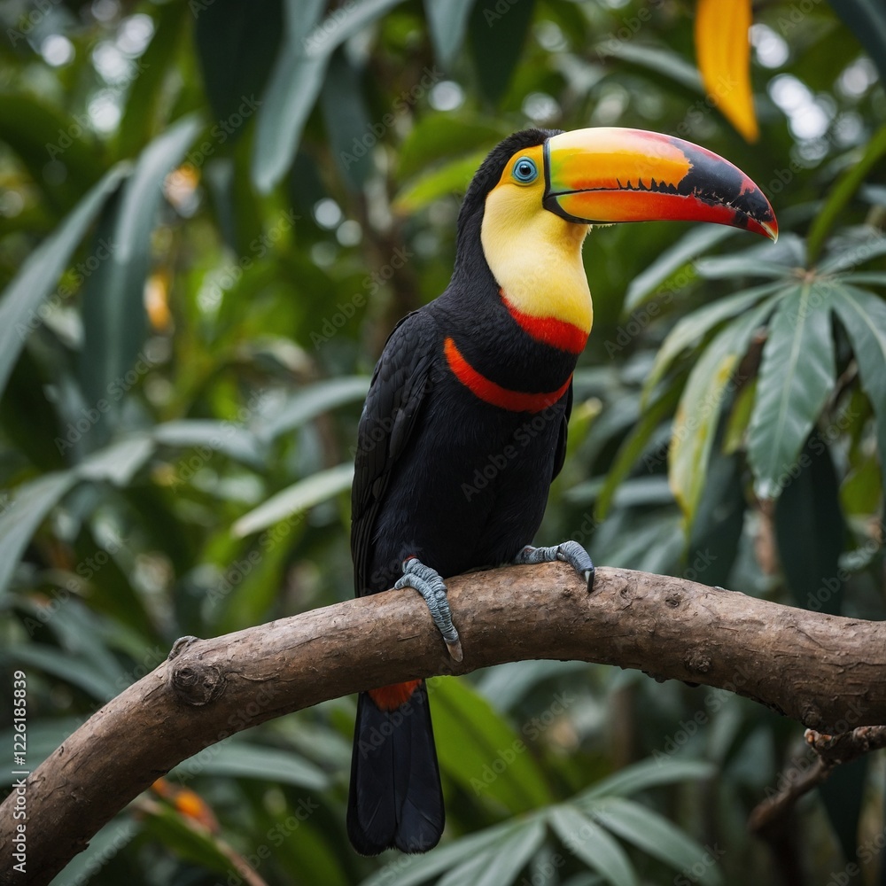 Fototapeta premium A toucan perched on a branch, its beak vividly colored.