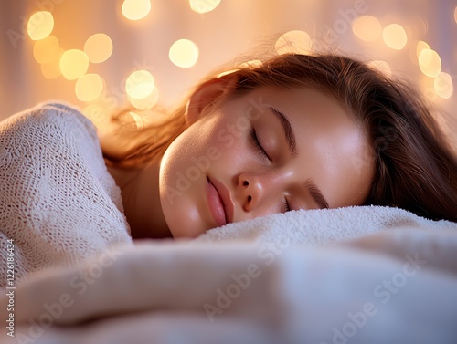 A serene moment captured as a young woman sleeps peacefully, surrounded by soft blankets and gentle, warm lights, evoking feelings of tranquility and comfort. photo