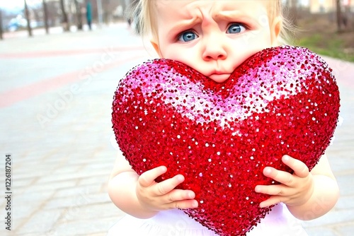 Sign of love. Ð¡hildren valentine's day greeting card: toddler girl with miserable face holds red heart in hands. Commercial concept art. Valentine's family lifestyle. Love and kids. photo