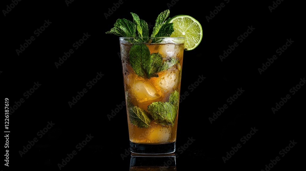 A mojito with mint leaves and lime slices in a highball glass. A mojito with mint leaves and lime slices in a highball glass.