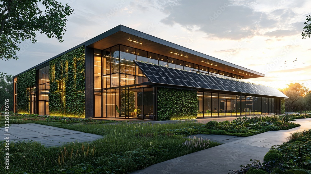 Modern Building With Green Wall And Solar Panels At Sunset. Modern Building With Green Wall And Solar Panels At Sunset.
