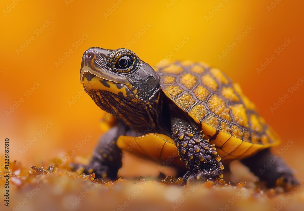 Obraz premium Close-Up Shot of an Adorable Baby Turtle Crawling on a Sandy Surface with a Vibrant Orange Background, Showcasing Its Unique Patterns and Texture