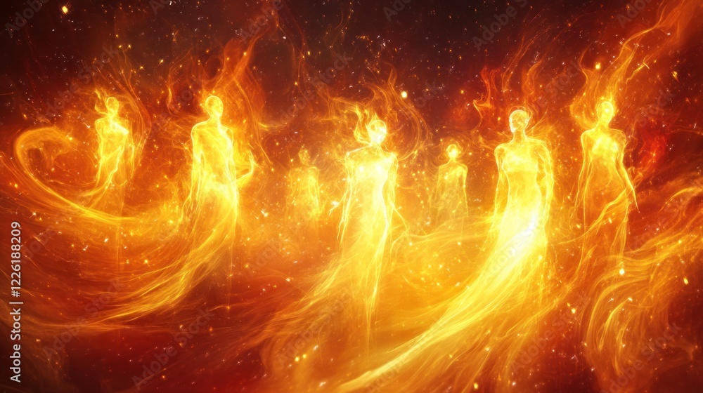 Obraz premium Fiery figures ascend cosmic nebula; spiritual ascension