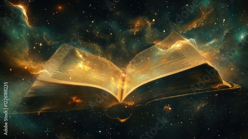 Glowing book cosmic nebula fantasy space photo