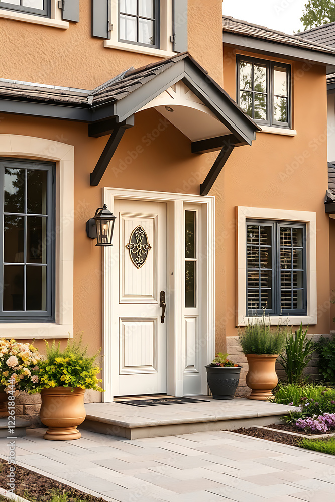 Obraz premium Elegant Home Exterior: Modern Architecture and Landscaping Design. Luxury Real Estate Property with Classic Entrance and Beautiful Garden.