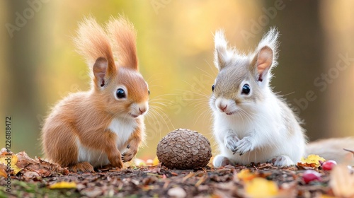 Two cute red squirrels autumn forest nature wildlife photo