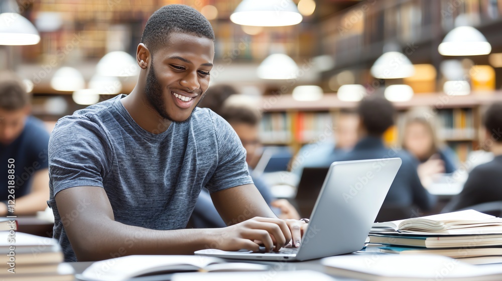 Obraz premium A young man smiles while working on a laptop in a modern library