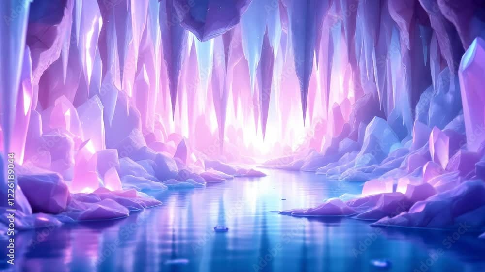 Enchanting Animation of Crystal Cave with Glowing Stalactites and Reflective Crystalline Walls Enchanting Animation of Crystal Cave with Glowing Stalactites and Reflective Crystalline Walls