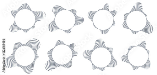 Sound wave, circular equalizer icons, round music soundwave shape, concentric energy burst. Vector illustration.