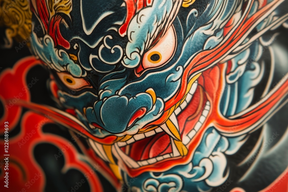 A stunning close-up of a dragon's vibrant blue and red head detailed with intricate decorations, showcasing a fierce, intense gaze and mythical strength. A stunning close-up of a dragon's vibrant blue and red head detailed with intricate decorations, showcasing a fierce, intense gaze and mythical strength.