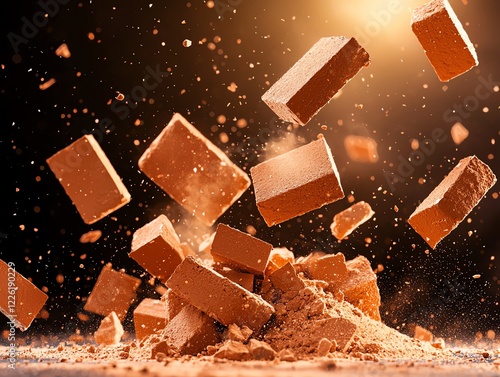 Dramatic image of falling bricks captured mid-air, showcasing motion and energy. The dust cloud adds an industrial feel, perfect for construction and manufacturing themes. photo