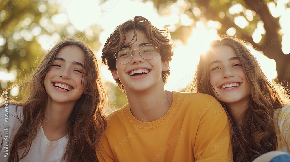 Obraz premium Three cheerful teenagers enjoying a sunny day outdoors, smiling and bonding together in a picturesque natural setting. Their happiness reflects youth and friendship.