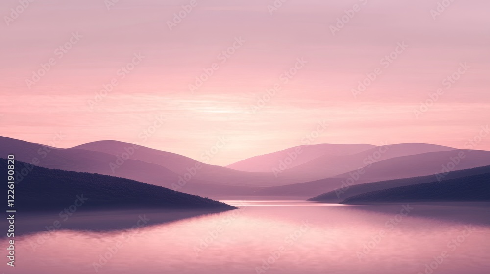 Fototapeta premium A soothing pastel landscape portrays gently rolling hills and a serene river under a soft, glowing sky, evoking calmness and tranquility through color and form.