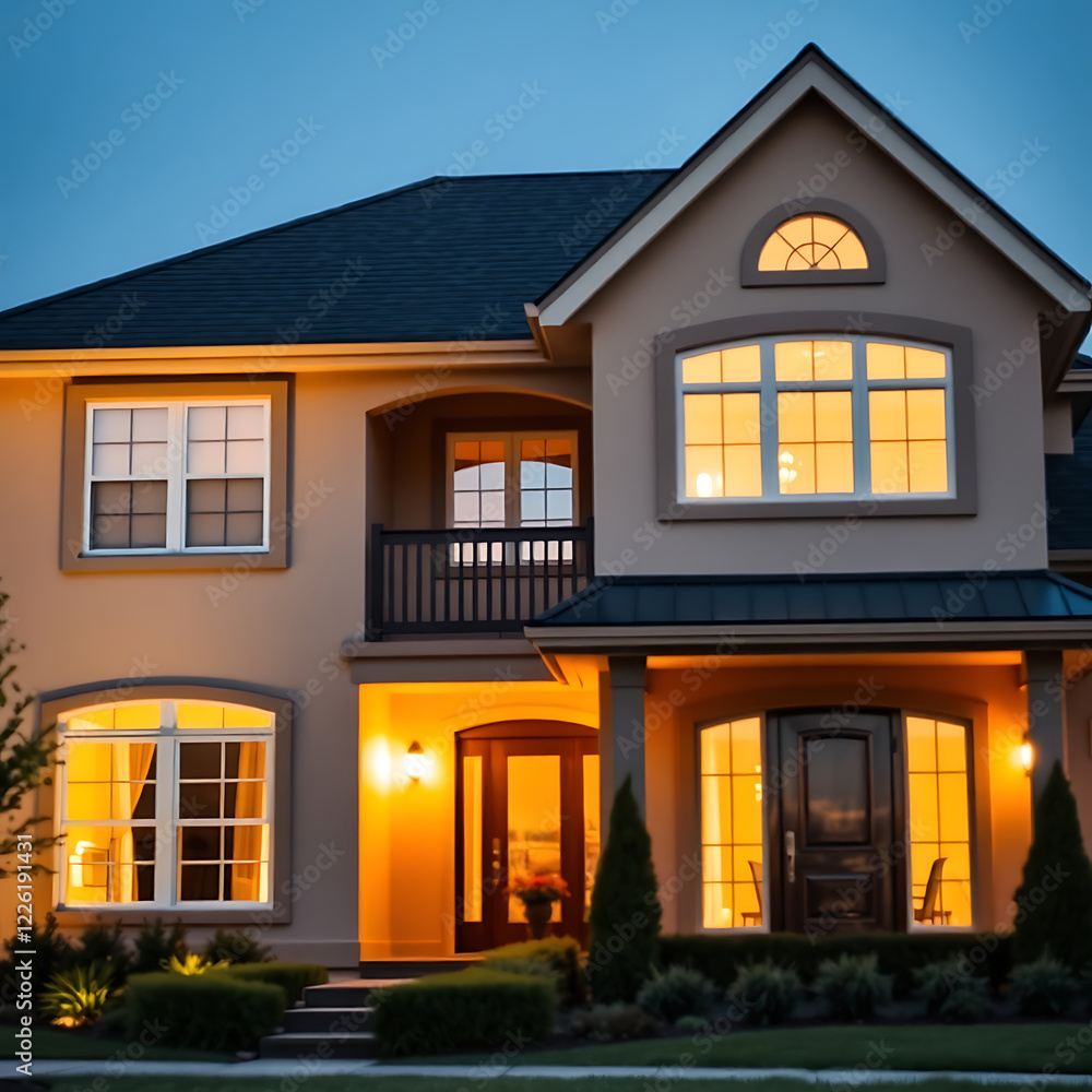 Obraz premium Luxury Two-Story House Exterior at Night. Modern Home Design, Real Estate, Residential Property, Dream House, Family Home, Illuminated Windows, Evening View
