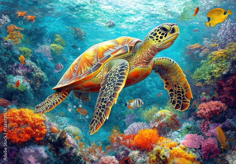 Fototapeta premium Colorful Sea Turtle Swimming Gracefully Through Vibrant Coral Reef Surrounded by Exotic Fish in a Lively Underwater Ecosystem