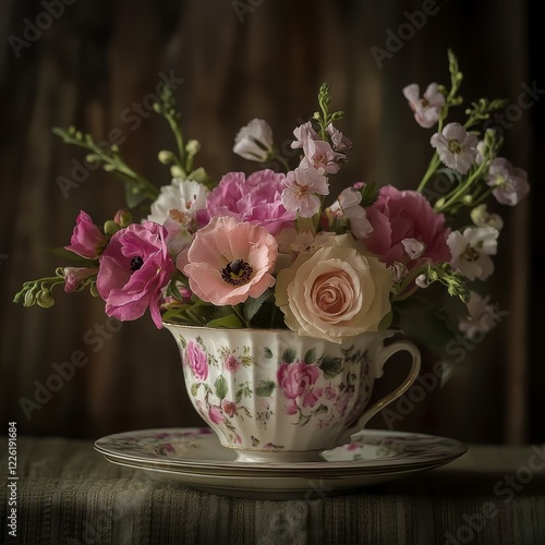 Wallpaper Mural This elegant and serene image captures freshly picked pink flowers beautifully arranged in a floral-designed vintage teacup reflecting a timeless charm. Torontodigital.ca