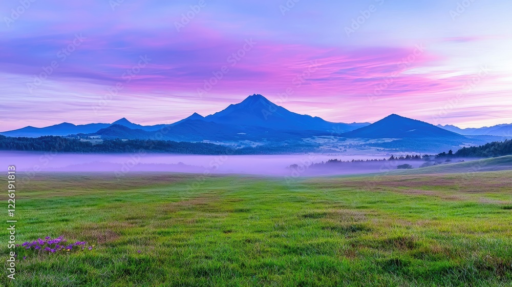 Misty sunrise over mountains, meadow, scenic view, travel postcard Misty sunrise over mountains, meadow, scenic view, travel postcard