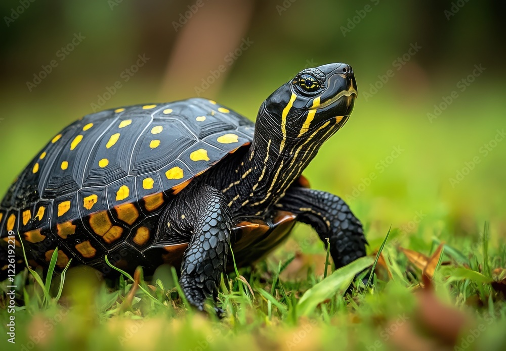 Obraz premium Colorful Tortoise with Vibrant Shell Posing Gracefully on Lush Green Grass in Natural Habitat, Showcasing Nature's Beauty and Wildlife Diversity