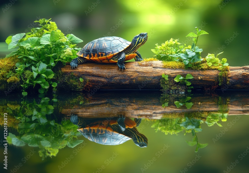 Fototapeta premium Colorful turtle resting on a mossy log by a serene pond, reflecting in the calm water surrounded by lush greenery and vibrant aquatic plants