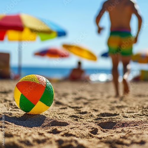 Sunny beach scene with a lifeguard in focus, running towards the sea with determination, a vibrant beach ball and umbrellas in the frame photo