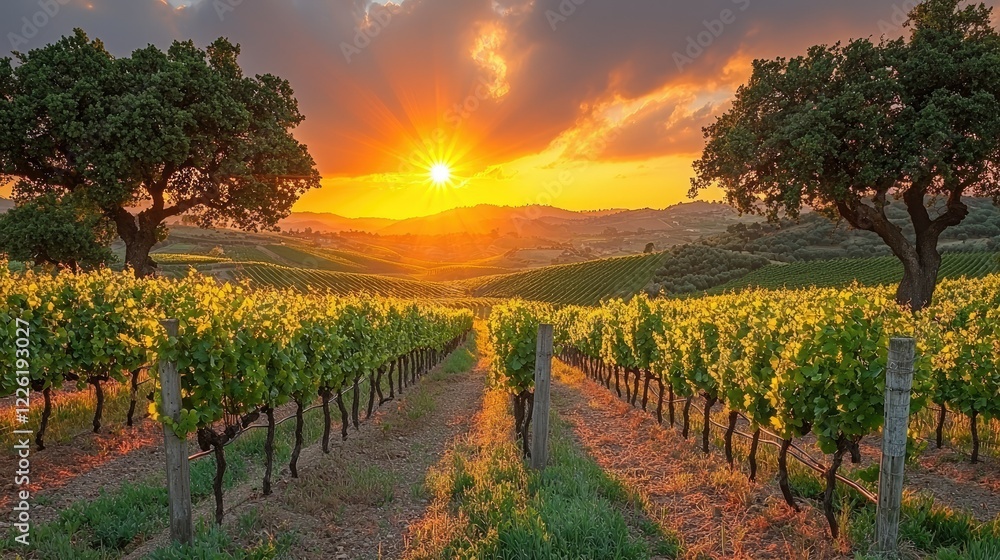 Fototapeta premium Vineyard Sunset Golden Hour Landscape Trees