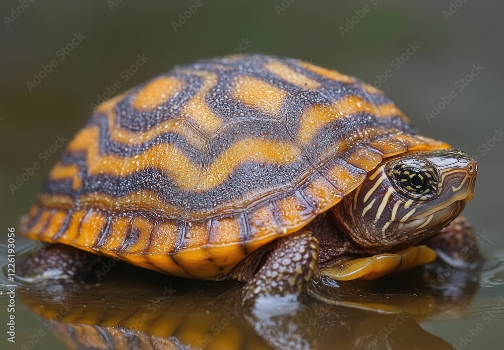 Colorful turtle resting on a smooth surface with vibrant patterns and natural wet environment showcasing its unique shell markings and serene demeanor. Colorful turtle resting on a smooth surface with vibrant patterns and natural wet environment showcasing its unique shell markings and serene demeanor.