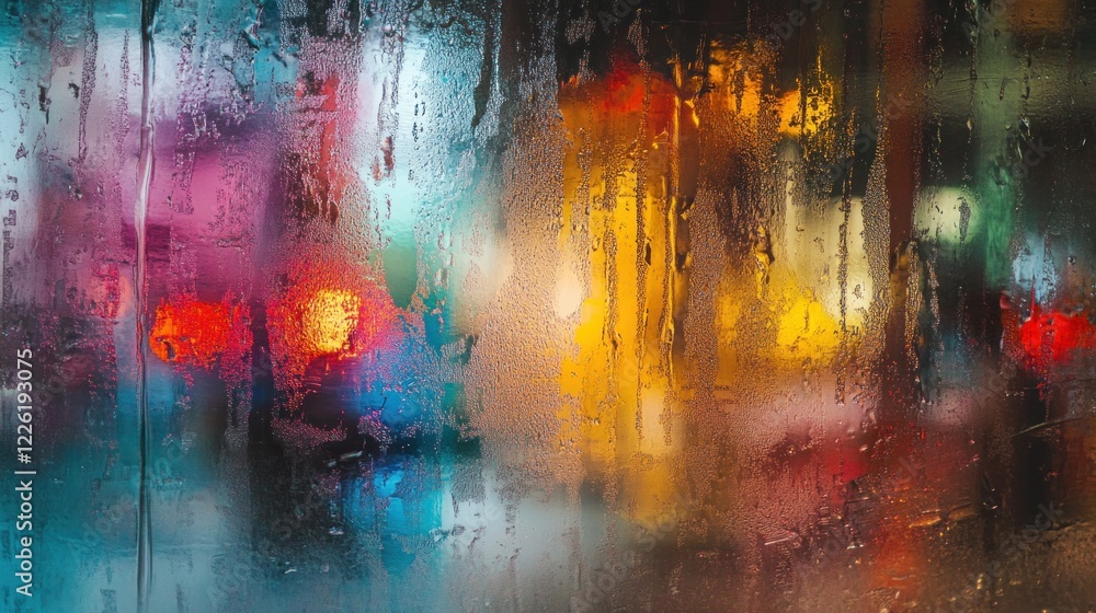Obraz premium Rainy night city lights blurred through wet window