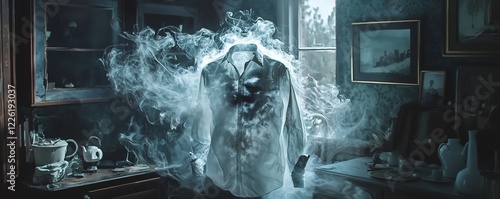 Surreal representation of a burned shirt with smoke transforming into abstract shapes, set in a dreamlike environment of distorted household objects photo