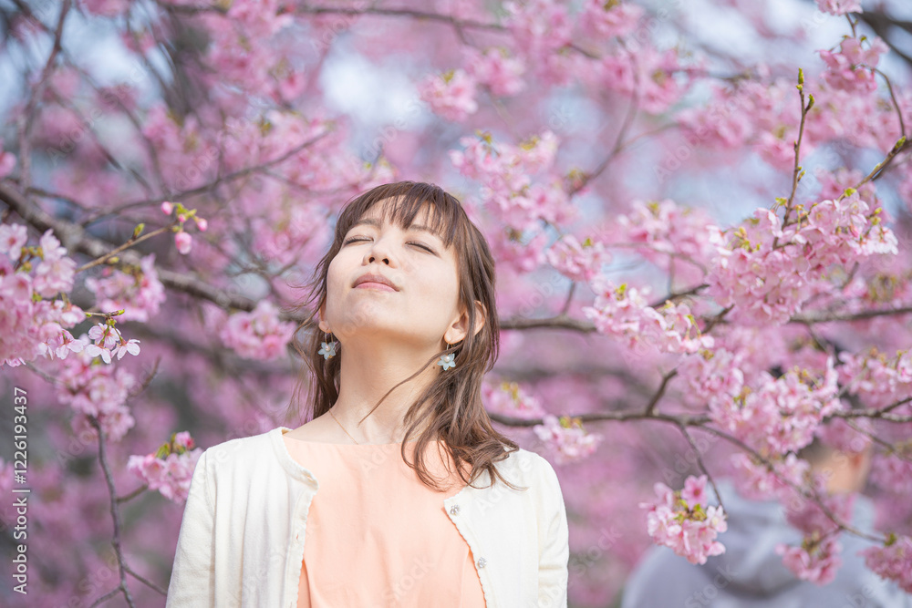 桜の花を楽しむ女性