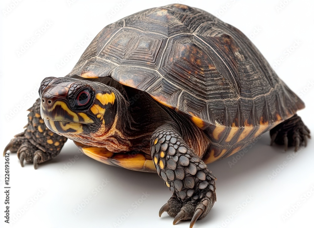 Fototapeta premium Colorful turtle with striking shell patterns resting on a clean white surface, showcasing vibrant colors and intricate textures in reptiles