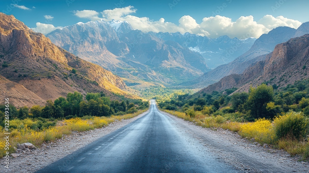 Naklejka premium Majestic Mountain Road: A Scenic Drive Through the Heart of the Valley