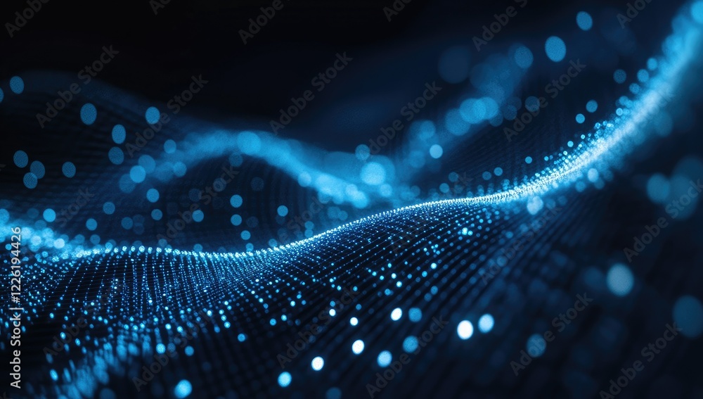 Dark blue background with glowing particles and bokeh lights, glittering dust on a dark blue background, abstract motion design for a presentation