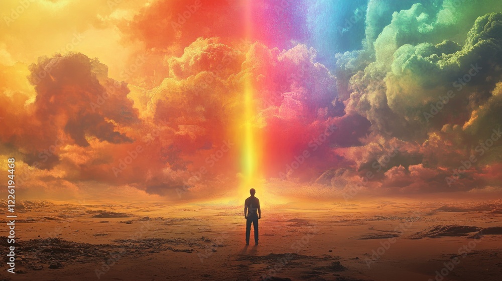 Man facing vibrant rainbow in desert, surreal sky Man facing vibrant rainbow in desert, surreal sky
